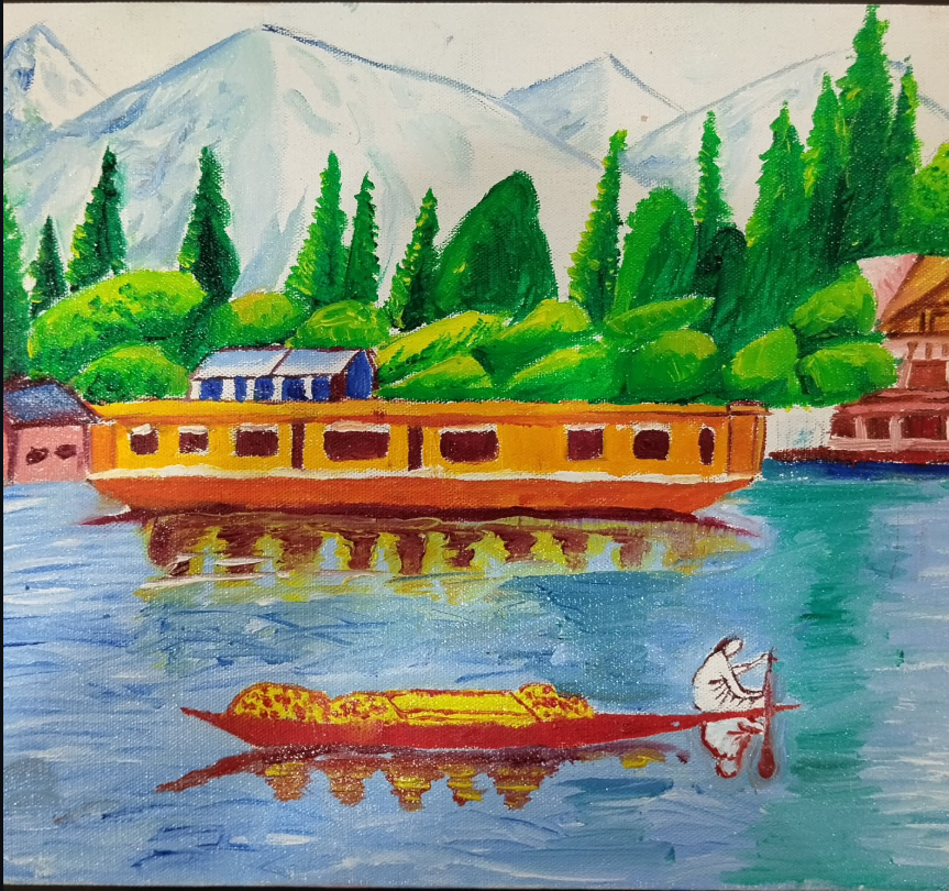 Houseboat on Dal Lake, Kashmir — acrylic landscape painting