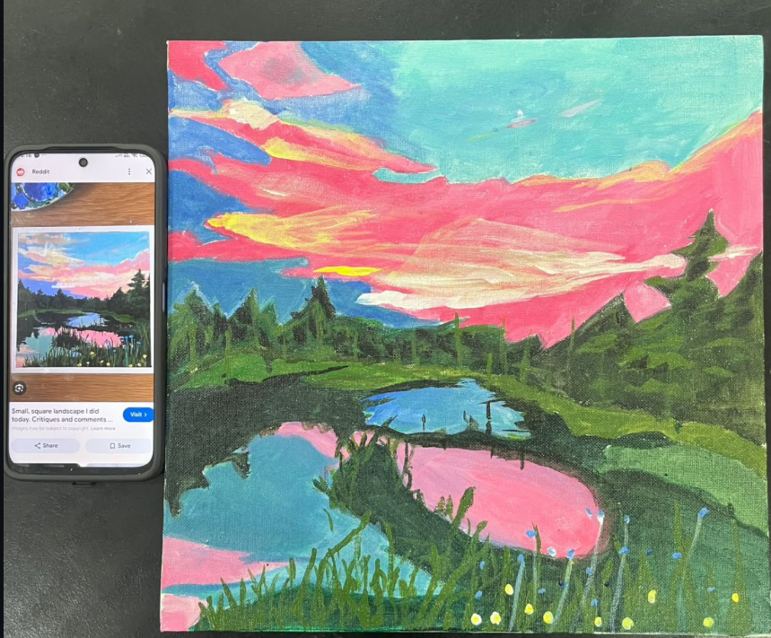 Pink sunset over a meadow lake — acrylic painting