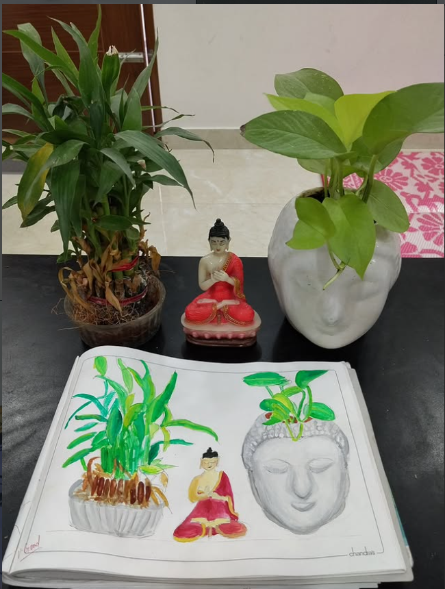 Plants and Buddha figure study — watercolour sketch