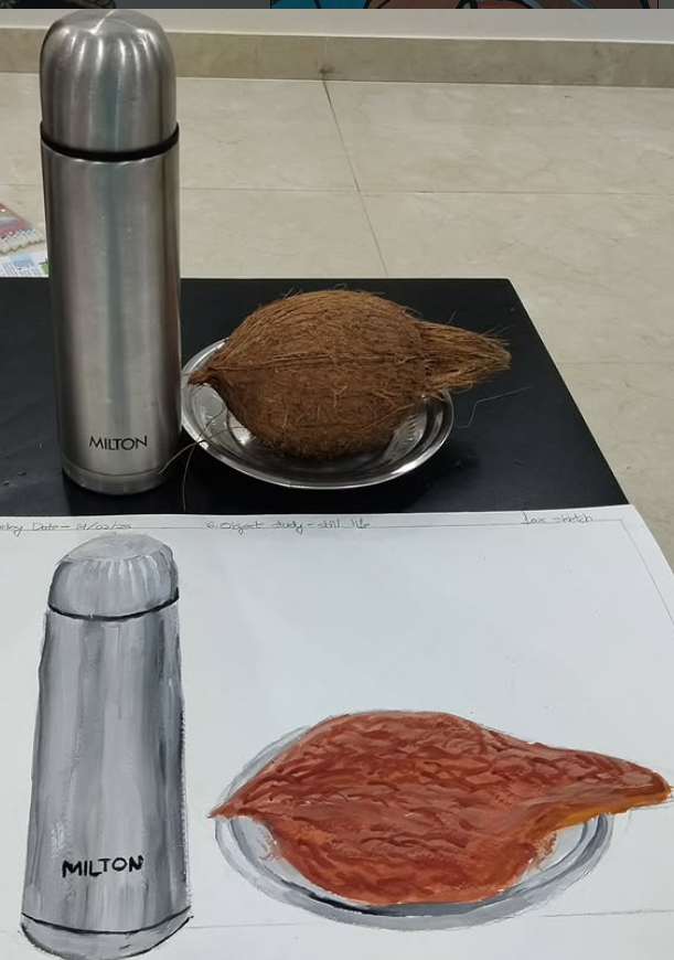 Milton flask and coconut — acrylic still life study