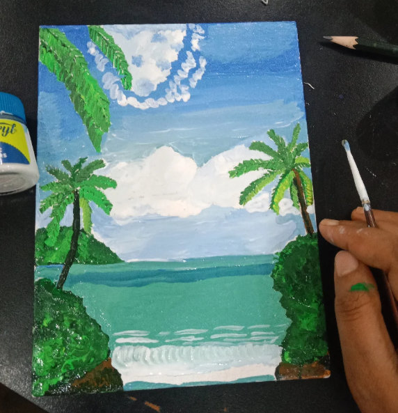 Tropical beach with palm trees — acrylic landscape painting