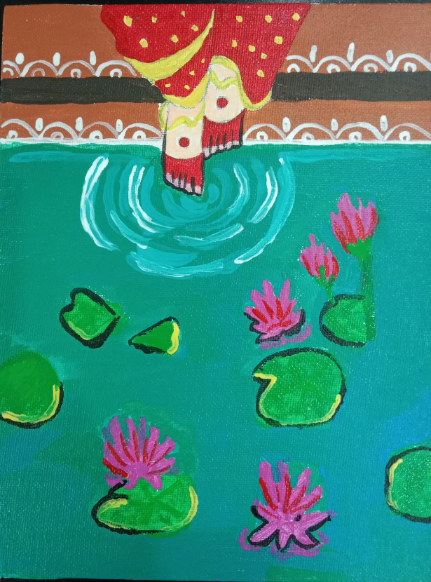 Lady entering lotus pond — acrylic Indian art painting