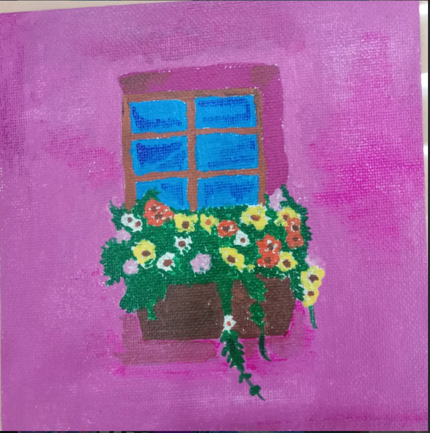 Window with flower box — acrylic painting on pink background