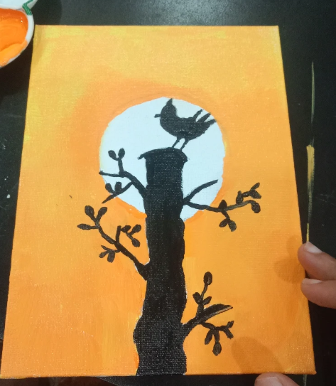 Bird on tree silhouette against orange sky — acrylic painting