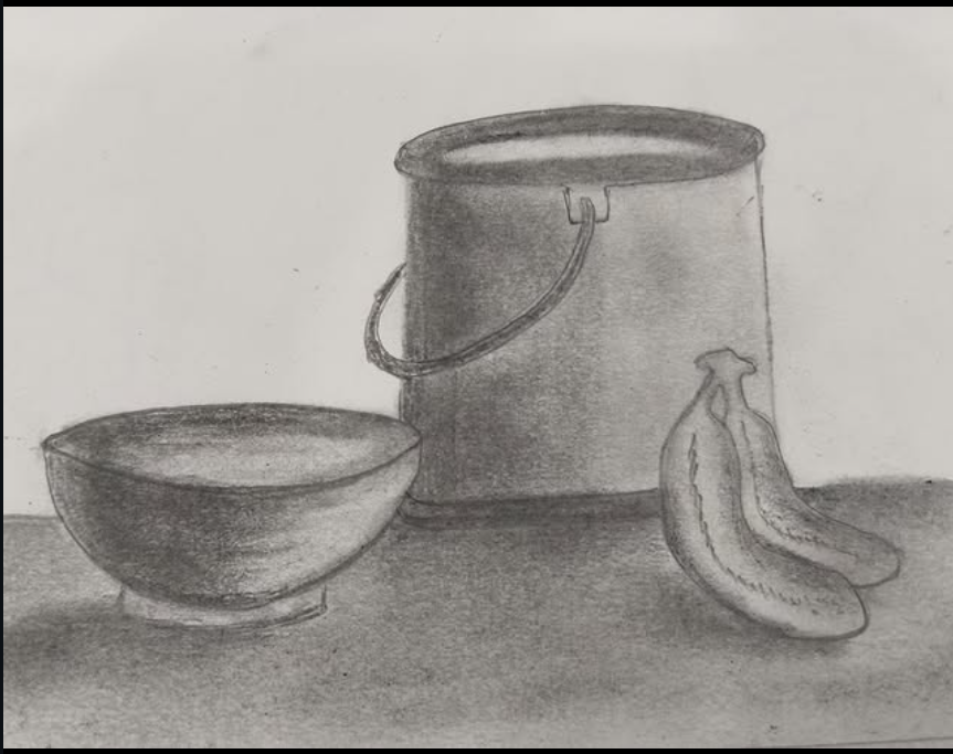 Bowl, bucket and bananas — pencil shading still life sketch