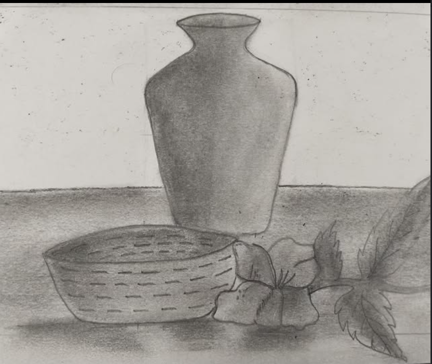 Vase, basket and flowers — pencil shading composition