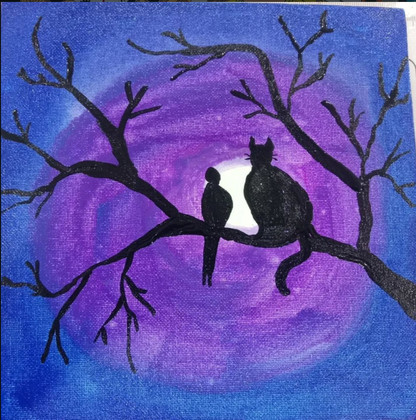 Cat and bird silhouette on moonlit branch — acrylic painting